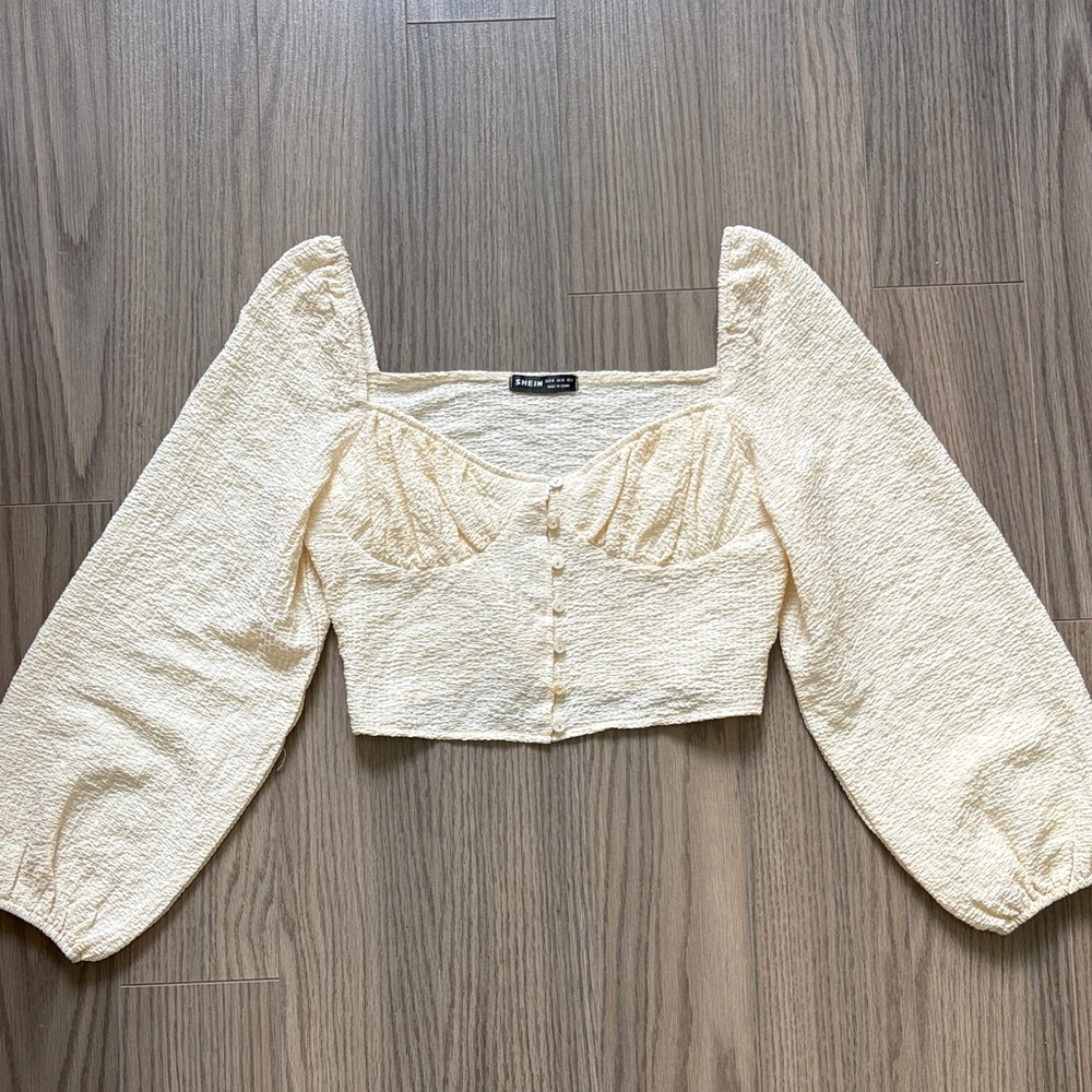 Cream Textured Puff Sleeve Cropped Blouse - Picture 1 of 5